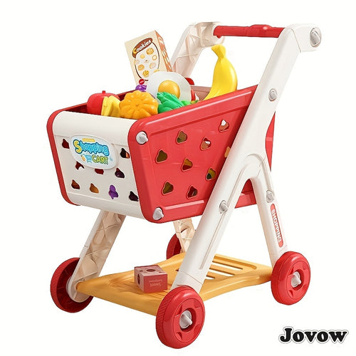 Kids Vegetable Trolley, 48 cm tall, red frame with toy fruit and vegetables on its shelves