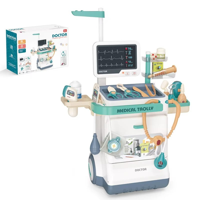 Kids Medical Trolley Set, 53 cm tall in white and sea green, with stethoscope and monitor on its shelves