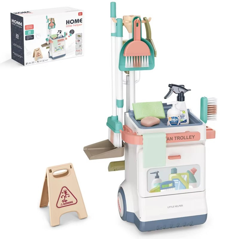 Kids Cleaning Trolley Set, 75 cm tall in white, with broom, mop and dustpan in its racks
