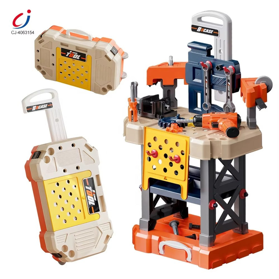 Kids Tools Trolley Set, a multicolour toolbox on wheels that folds out into a workbench