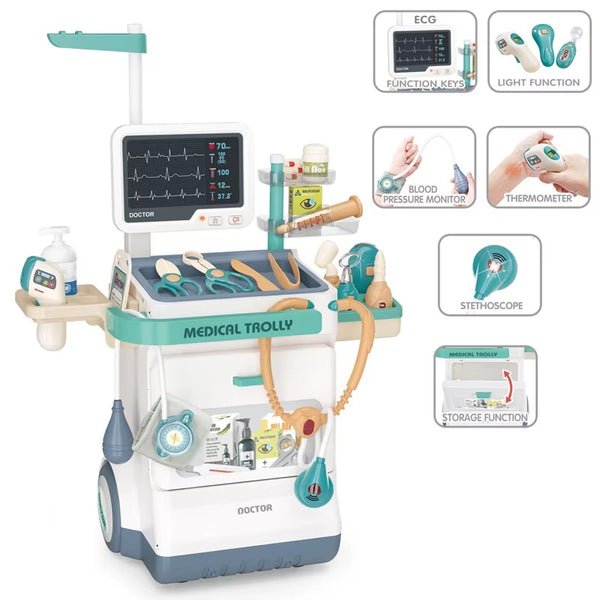 Close-up of the medical trolley's racks, showing the slot each of the 28+ pieces goes back into